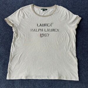 Lauren Ralph Lauren Shirt Womens XL Beige White Striped 1967 Graphic Crewneck